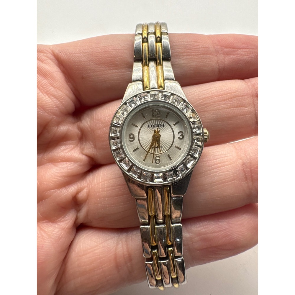Elgin EG8073ST Two Tone Silver Gold Crystal Bezel Quartz Watch Womens Needs Batt